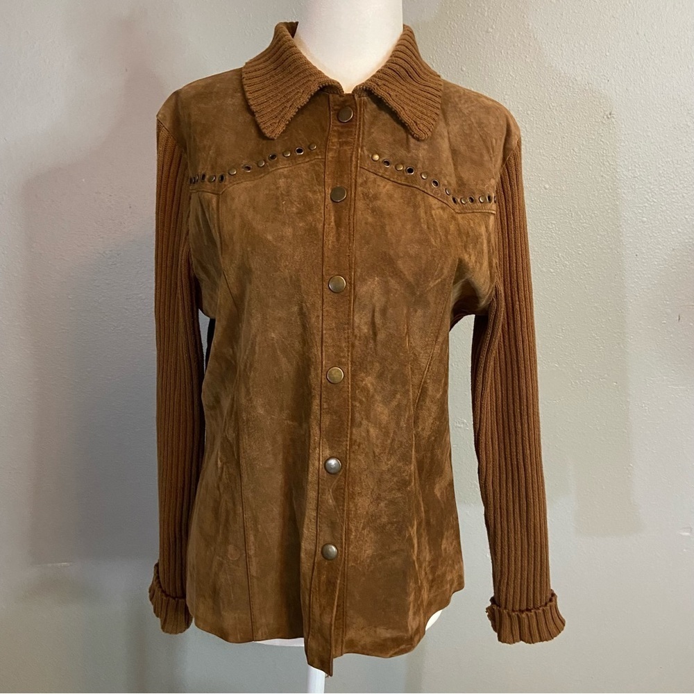 Maurice Sasson Women's Brown Leather Cotton Knit Sweater Button Up Jacket Size M